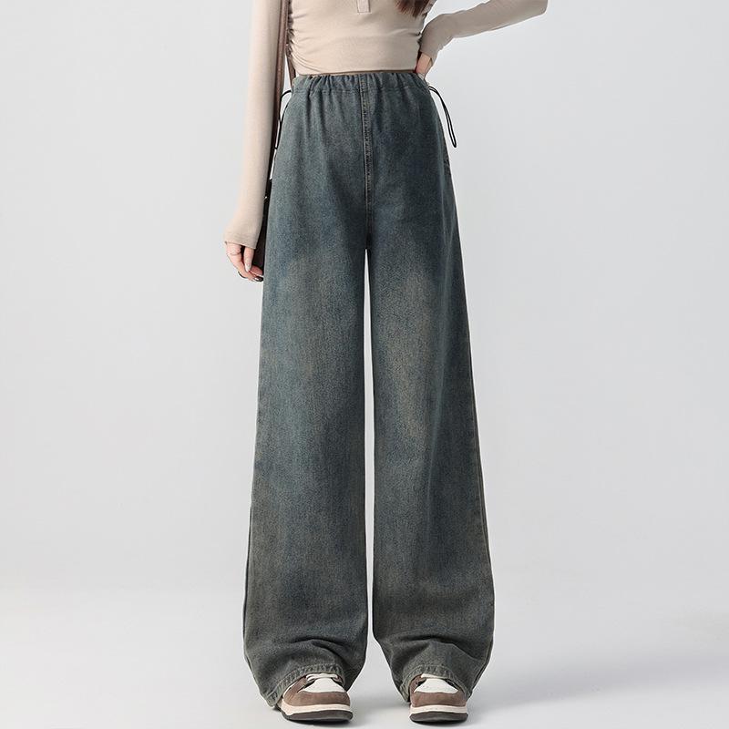 

Real Shot Maternity Wide-Leg Jeans with Pockets and Drawstring for Spring and Autumn - Loose, Slimming, Floor-Length Large