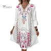Summer Lady Dress Hollow Out Lace Patchwork Bohemian Three Quarter Sleeves Loose V Neck Printed Pleated Knee Length Vacation Beach Midi Dress