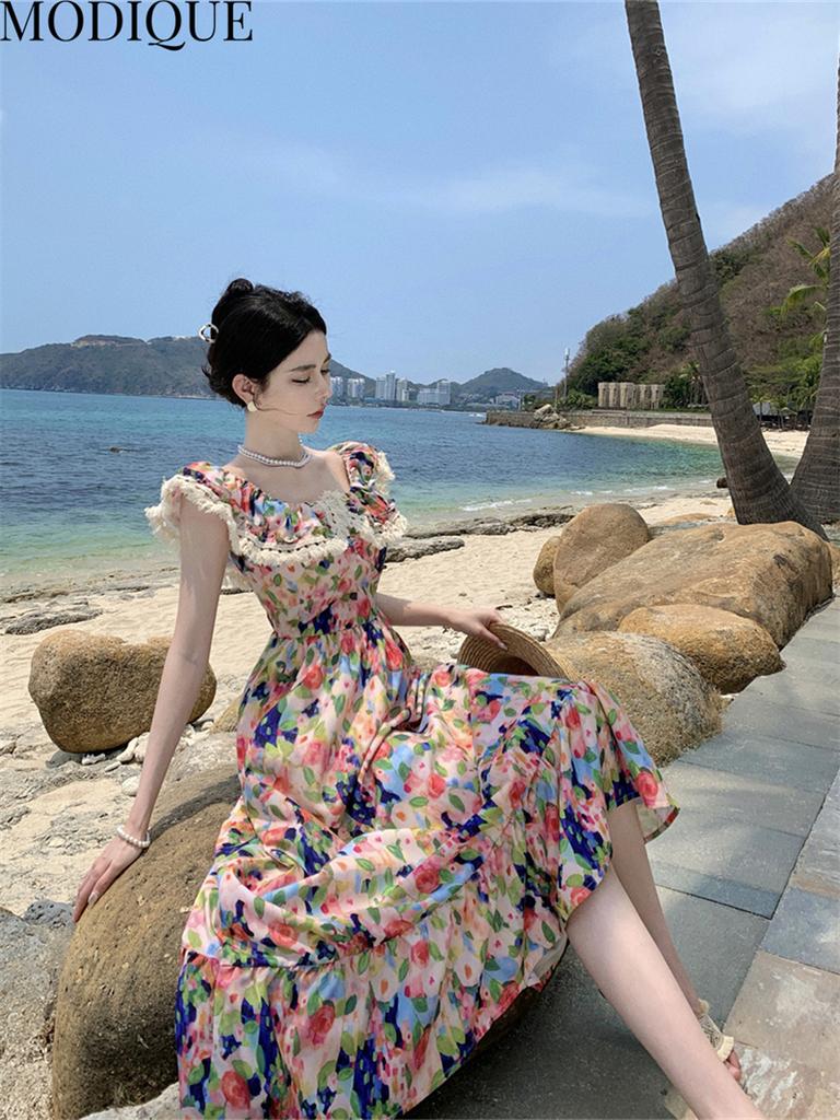 MODIQUE Sommar Kvinnor Elegant Färgglatt färgtryck Casual Beach Chiffong Girly Långa Klänningar Holiday Lady Fairycore Sweet Atmosphere Klänningar