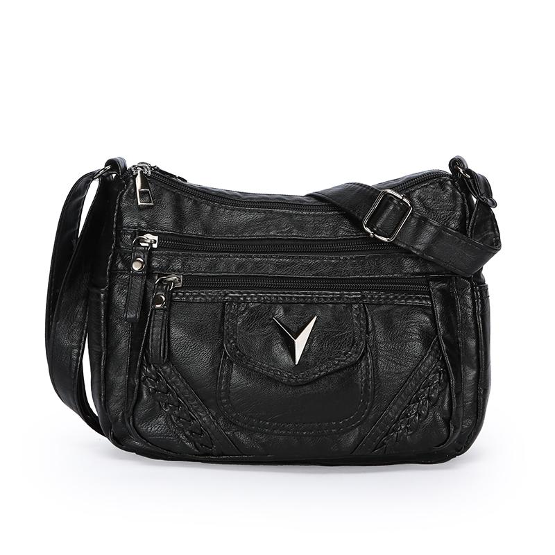 Leren Crossbody Tas met Meerdere Ritsen, Gevlochten Detail en Klepzak, Casual Schoudertas voor Dames