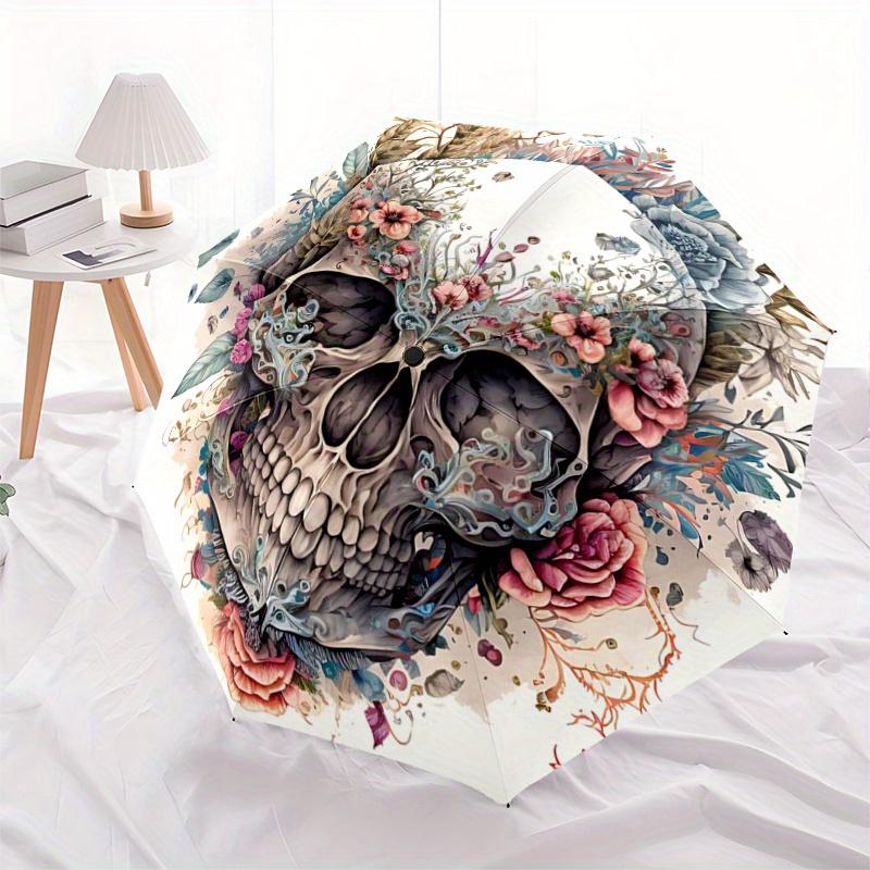 

1pc Elegant Floral Skull Design Automatic Opening and Closing Umbrella, Lightweight 3-Fold, With Cute Cartoon Characters, Suitable for Home, Outdoor a
