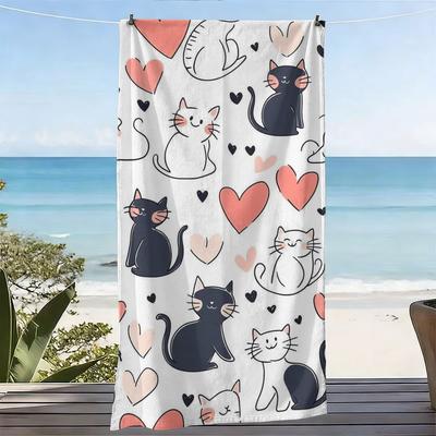 Cute Cat & Heart Print Beach Towel Kawaii Cat Lover Microfiber Towel For Summer Beach, Pool & Travel Use