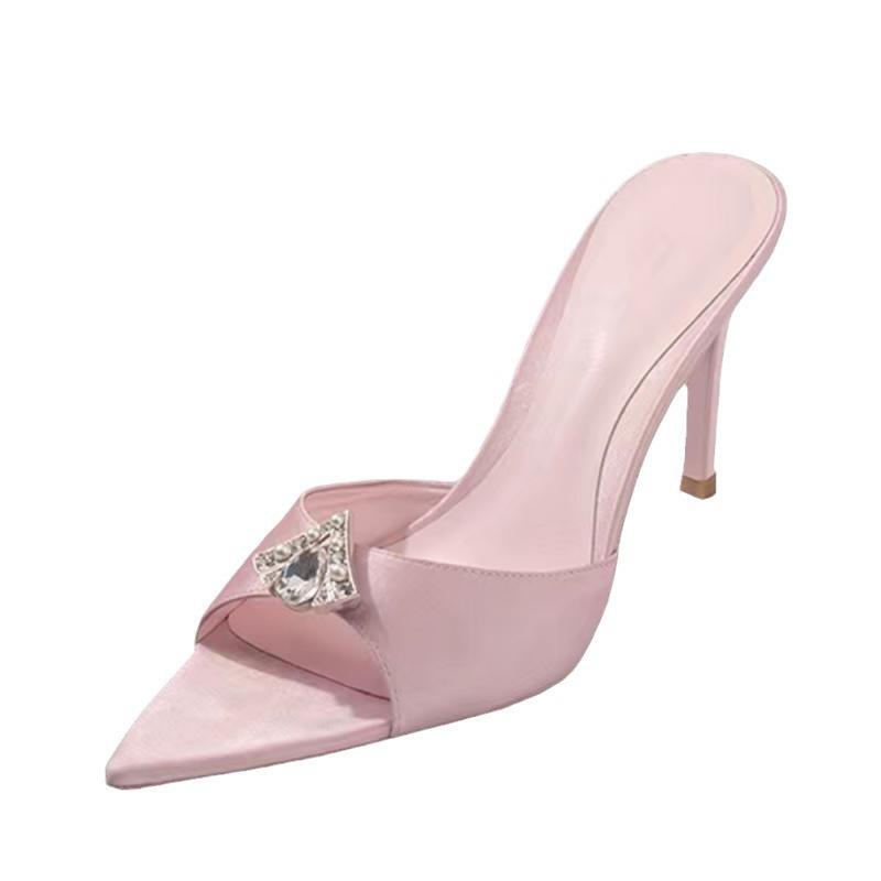 35-42 Large Size Pointed High-heeled Sandals Female Summer 2025 New Satin Rhinestones Fairy Wind Fine Heel Word