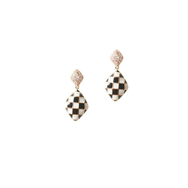 Trendy S925 Gold-Plated Sterling Silver Black & White Checkered Drop Earrings