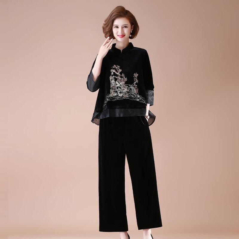 

XUEXI Женский осенний бархатный костюм-двойка с китайской вышивкой 2XL (Recommended 105-120 jin)