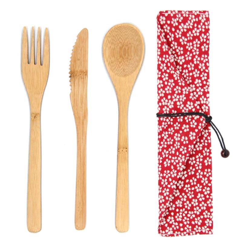 3Pcs/set Wooden Dinnerware Set Bamboo Fork Knife Soup Teaspoon Catering Cutlery Set With Cloth Bag Kitchen Cooking Tools Utensil
