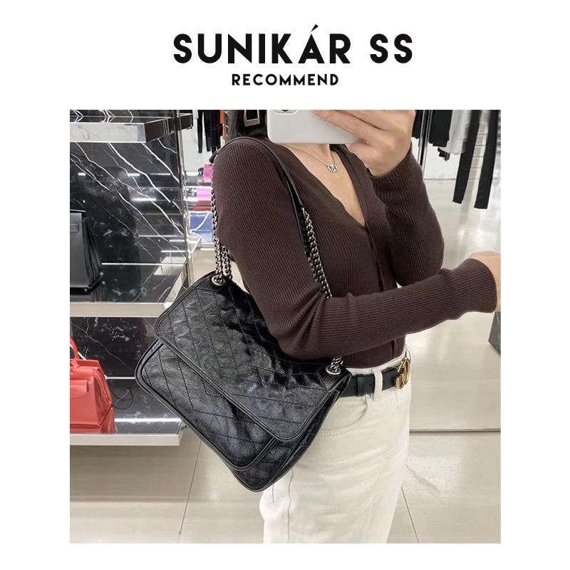 New oil wax cowhide messenger bag retro double chain women's bag poplar forest shoulder crossbody small square bag