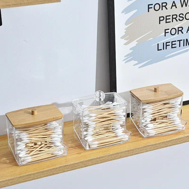 1Pcs Cotton Swab Holder, Cotton Swab Dispenser with Bamboo Lids,Bamboo Bathroom Storage Jars Storage Containers Clear Plastic
