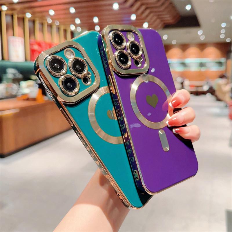Love Heart Wireless Charging Phone Case For Iphone 14 13 12 11 Pro Max 14 Plus 14pro Shockproof Plating Magnetic Soft Back Cover