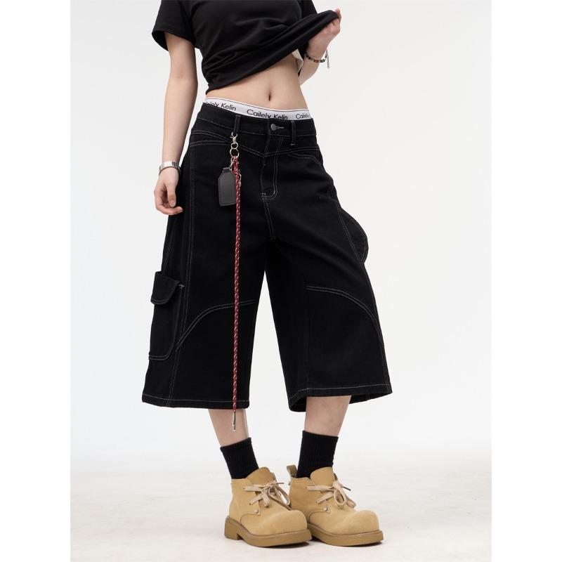 

Джинсовые шорты с множеством карманов, летние, деконструкция, яркий дизайн брюк, широкие штанины, шорты средней длины, мужские и женские 2XL чёрный