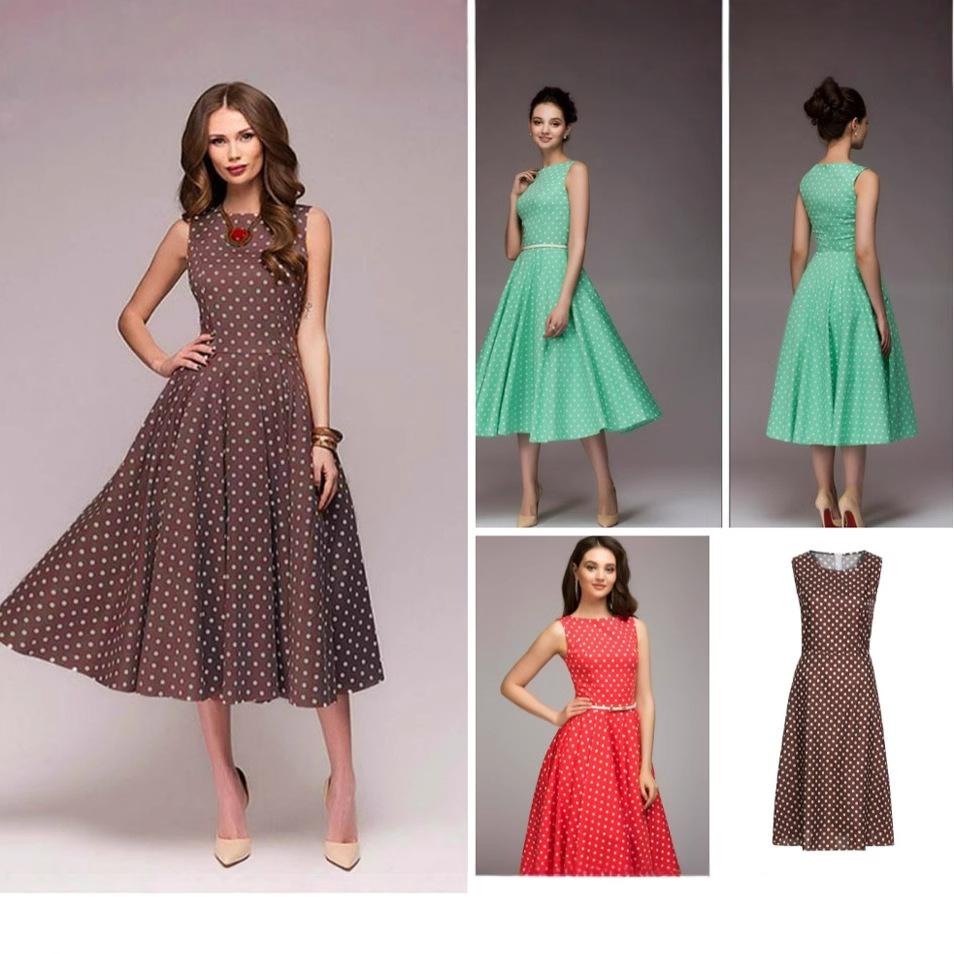 

Women s Summer Midi Dress Round Neck Sleeveless Polka Dot Swing Dress 2XL кавовий