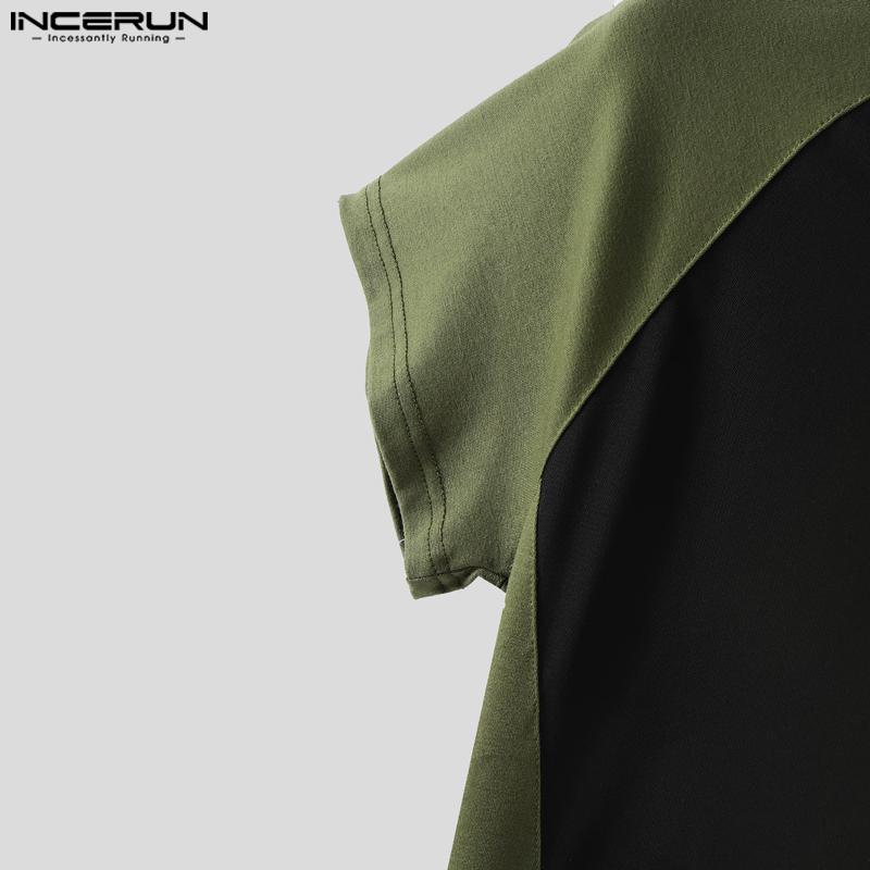 INCERUN Herren Rundhals Kurzarm Mesh Transparent Patchwork Figurbetont Cropped T-Shirts