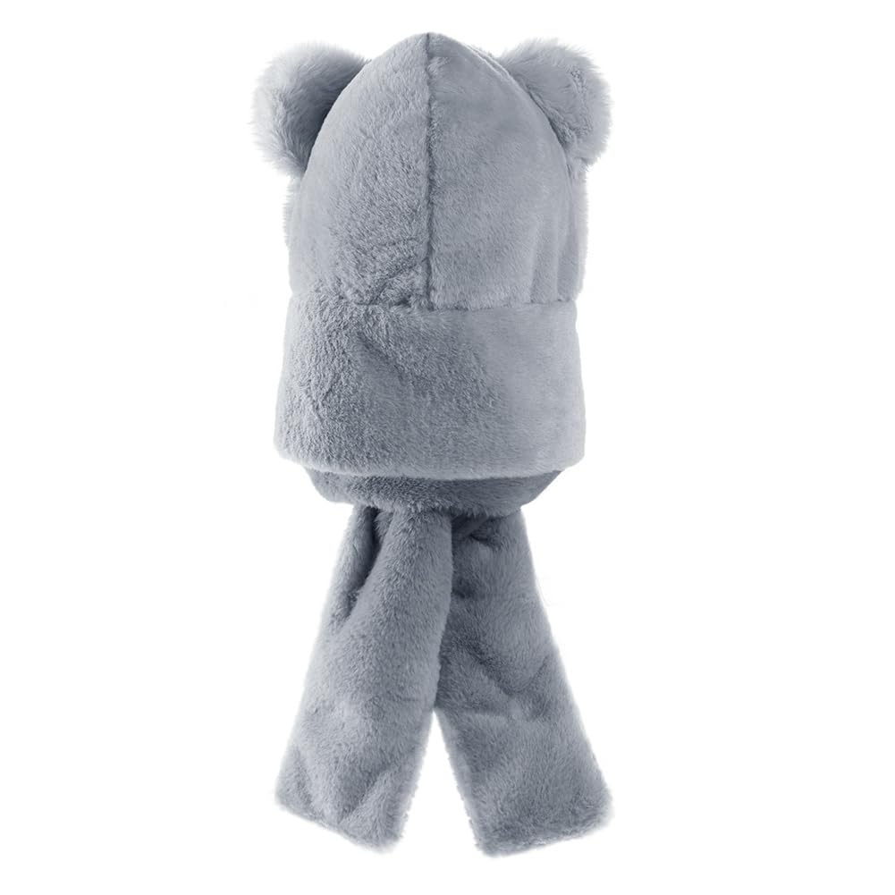 LONTG Winter Hat with Bear and Cute Faux Fur Hat with Fluffy Fur and Thick Furry Boa Animal Hat for Girls and Perfect for Fall and Gray Kids' Ears,
