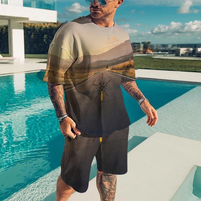 

Гавайский мужской спортивный костюм с изображением пляжа, О-образный вырез, короткие рукава, шорты, 2 предмета, спортивный костюм, модная футболка, мужская одежда, повседневный костюм 4XL