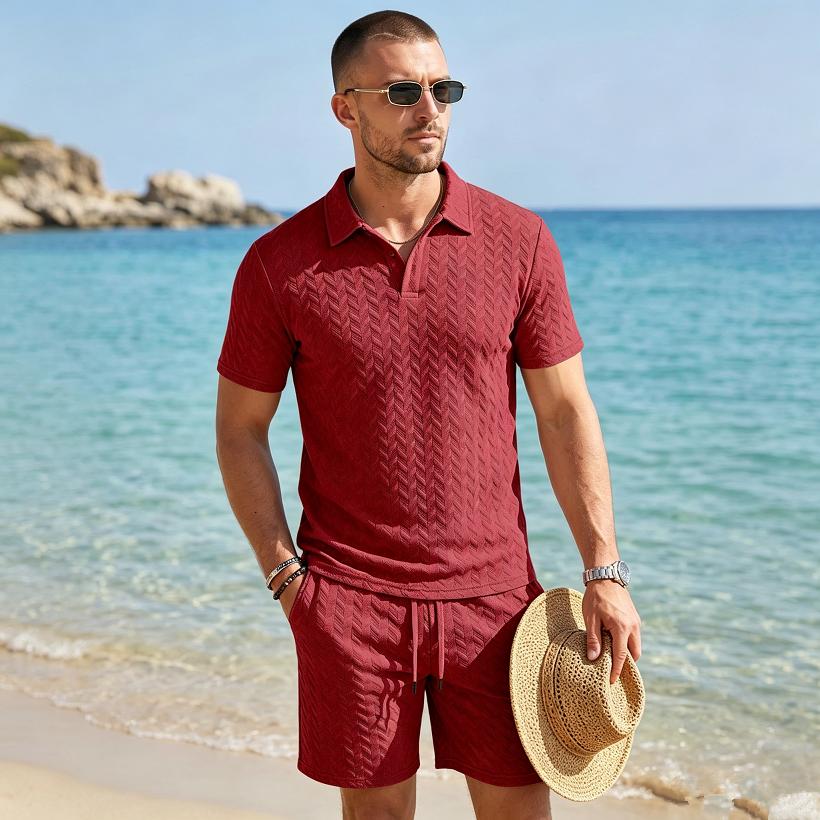 Summer New Men's Polo Shirt Set Casual Sporty Cool Fashionable Slim Fit Solid Color Short Sleeved Jacquard Shorts Set Men's