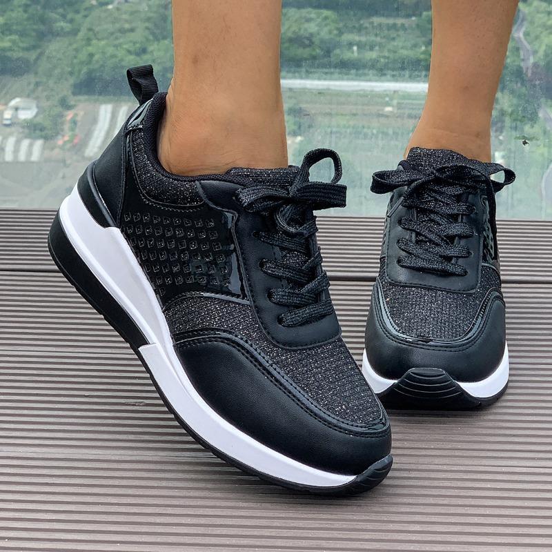 Women's slope heel platform sneakers large size breathable sequins round head lace-up spring and autumn new casual sneakers