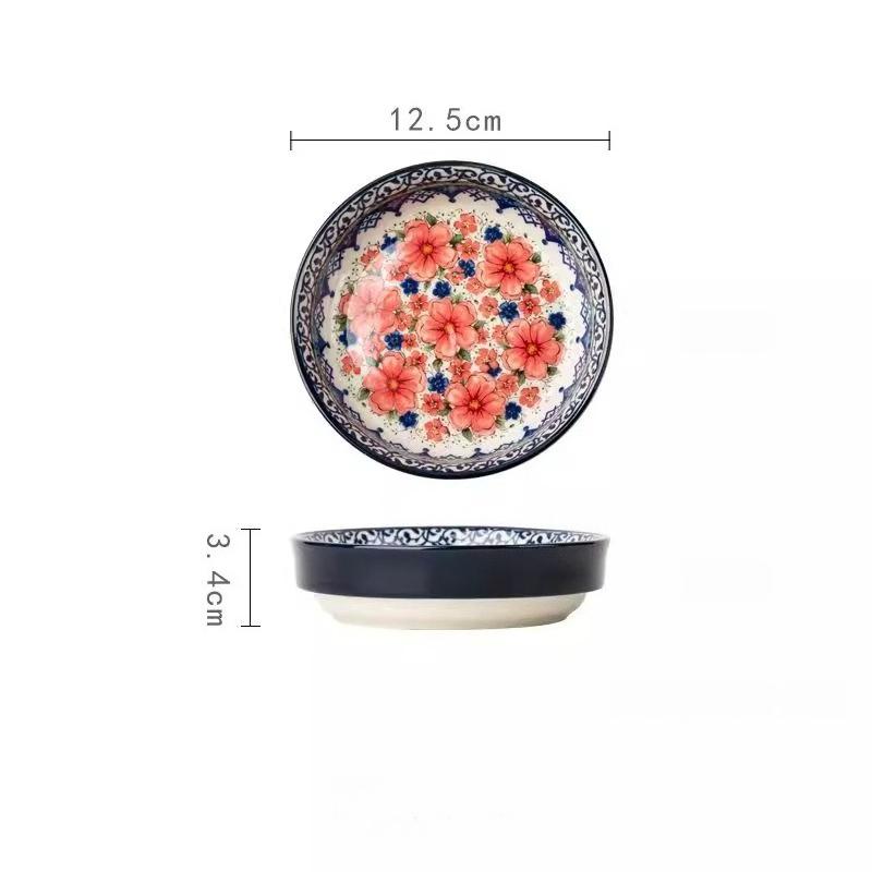 Handpainted Ceramic Soup Bowl with Snack Serving Tray,Vintage Floral Embossed Design Microwave Safe,Large Handle and Thick Base,Perfect for Cereal,Nut