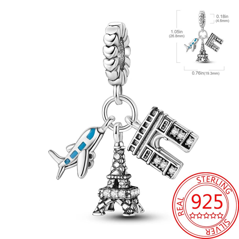 Creative 925 Silver Eiffel Tower Gold Heart Double Charm Fit DlY Bracelet Necklaces Women's Dating Jewelry Accessories