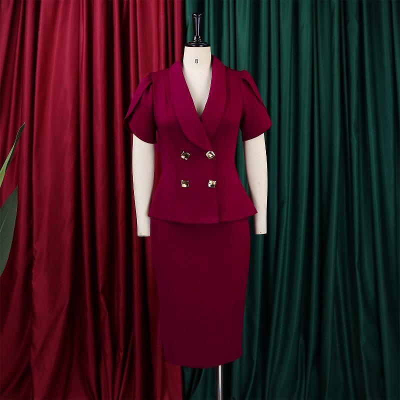 Women Plus Size Turn Down Collar Elegant Casual Two Piece Skirt Suit