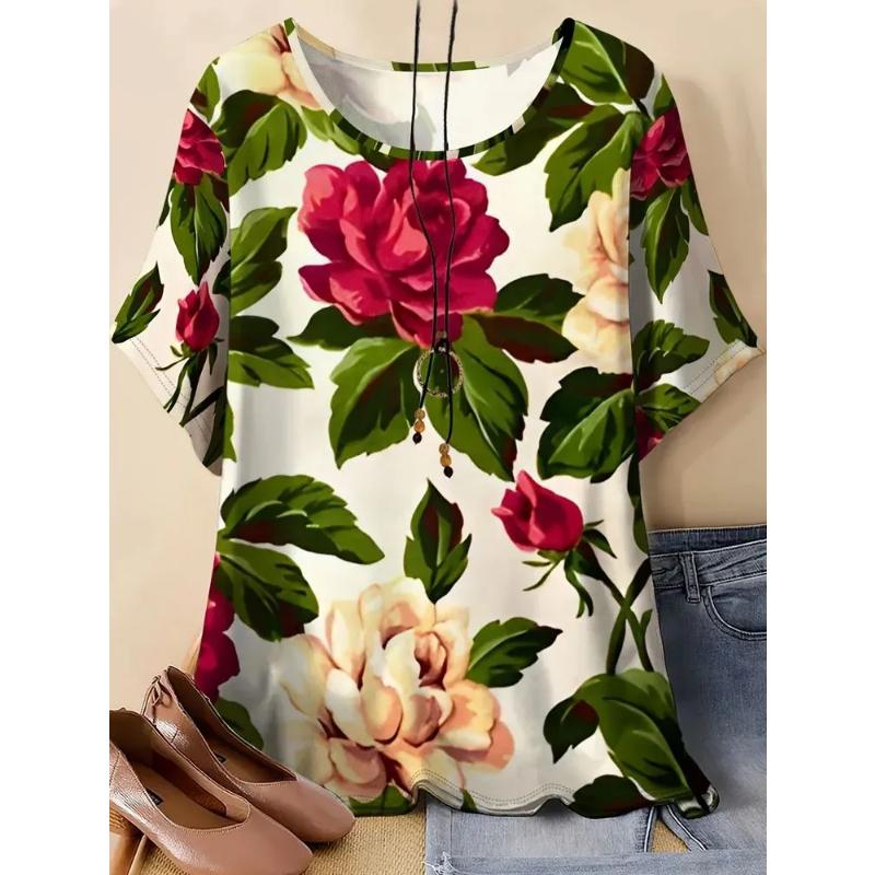 Fashion Women's Crew Neck Short Sleeve 3D Flower Color Printing Flower Short Sleeve Crew Neck T-Shirt