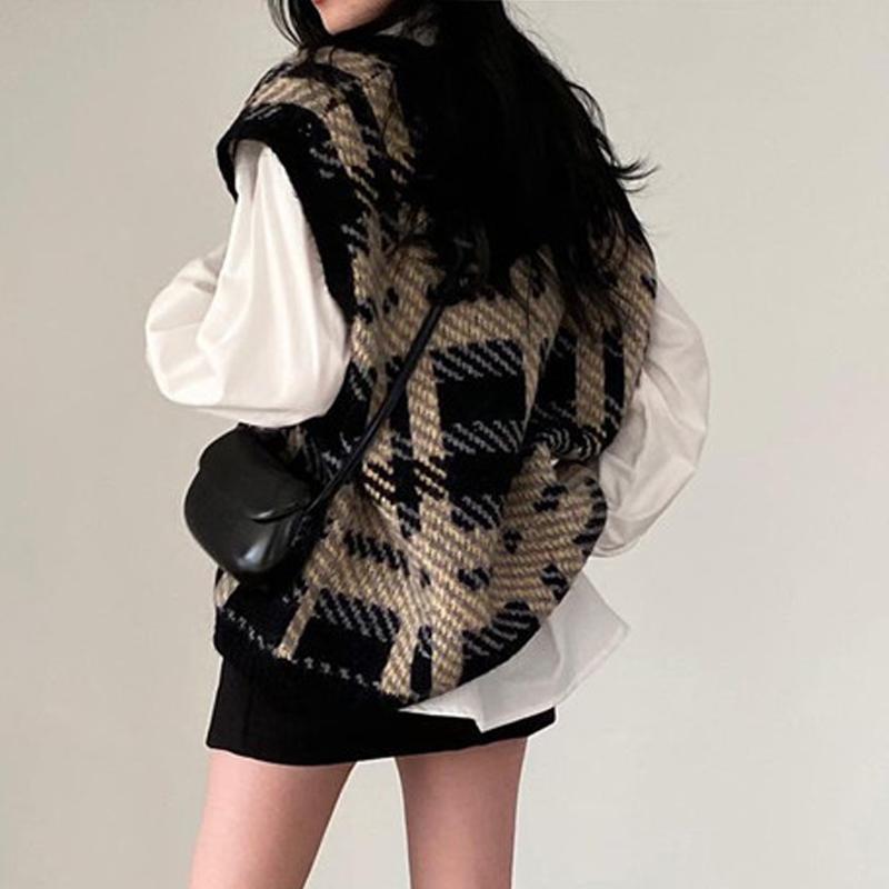 Fashion Plaid Printed V-neck Women Knitted Pullover Sweater Vest Autumn Loose Casual Office Tank Top Sleeveless Simple Waistcoat