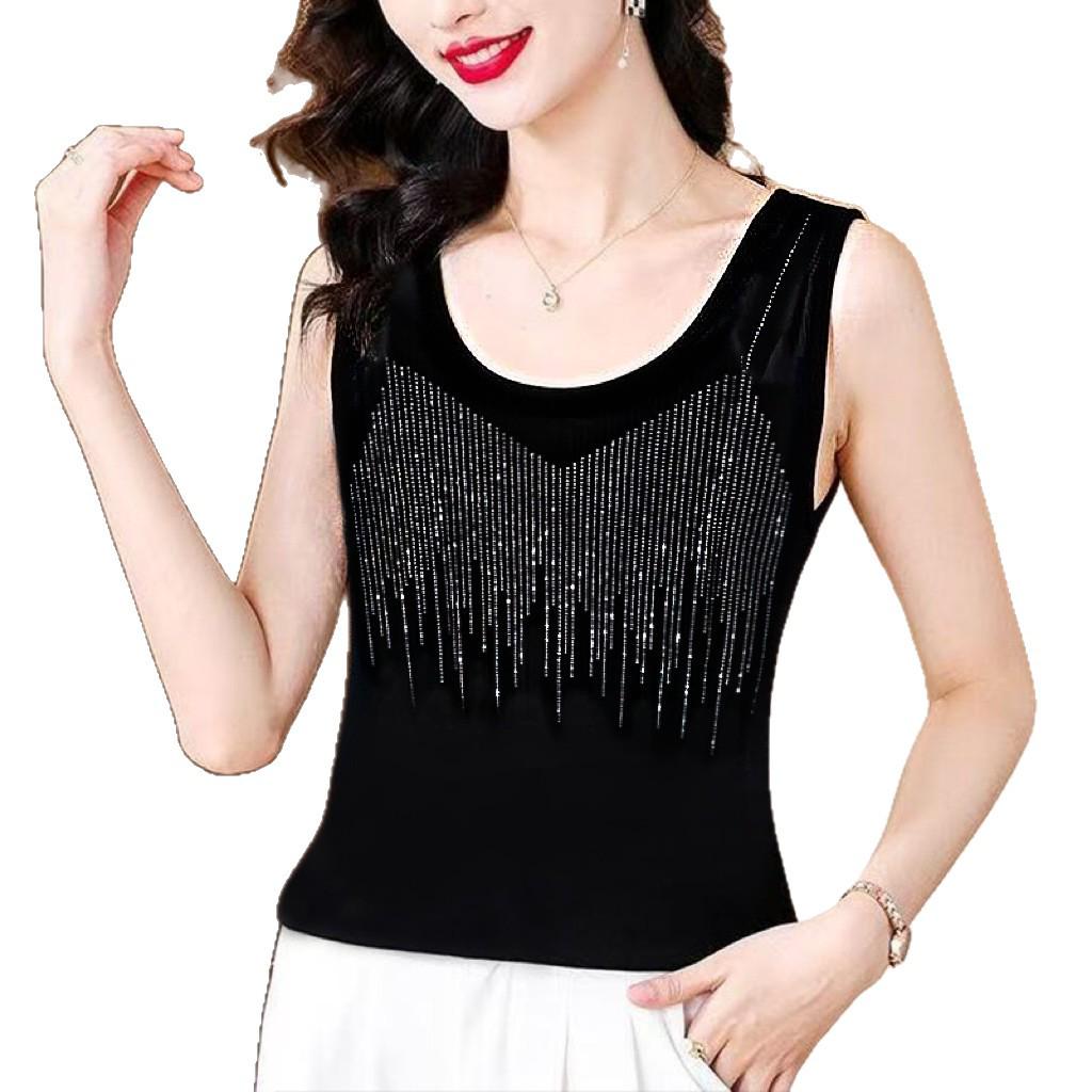 Women's Rhinestone Spaghetti Strap Tank Top - Plus Size Sleeveless Slimming Summer Layer