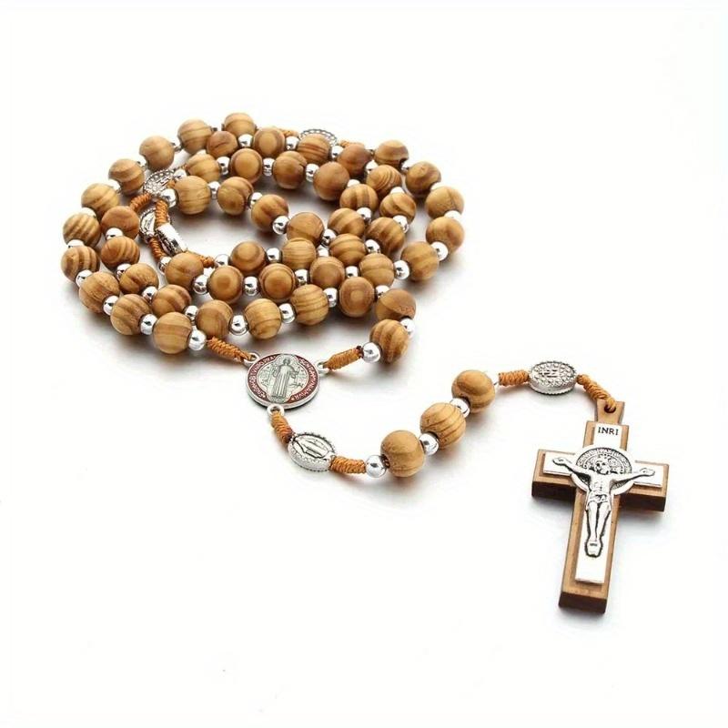Hand-woven Exorcism Rosary Wood Beads Alloy Benedict Retro Prayer Cross Rosary Car Decor