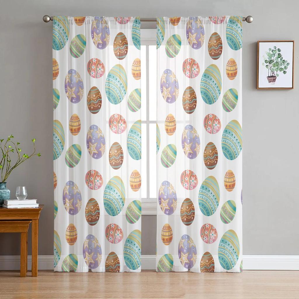 Easter Eggs Festivals Tulle Curtains For Living Room Bedroom Voile Sheer Curtain Window Home Decor Drapes