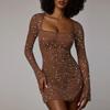 Women's Low Cut Square Neck Long Sleeve Fanny Pack Hip Sexy Spice Bright Diamond Gauze Dress