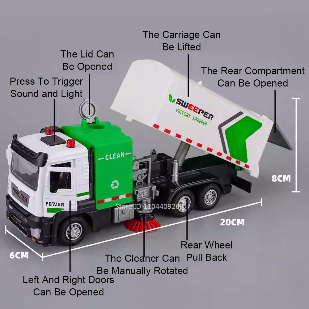 1:32 Scale City Sweeper Muck Transport Truck Model Toy Car Metal Diecast Vehicles Pull Back Sound Light Models Kids Gifts