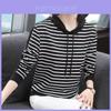 Mid Autumn Season Striped Hoodie T Shirt For Women With Patching And Loose Fit