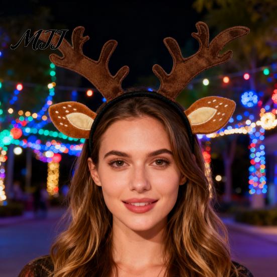 Deer Headband Reindeer Antlers for Women Adults Plush Ears Headpiece Forest Creature Horns Costume Accessories Halloween Christmas Party