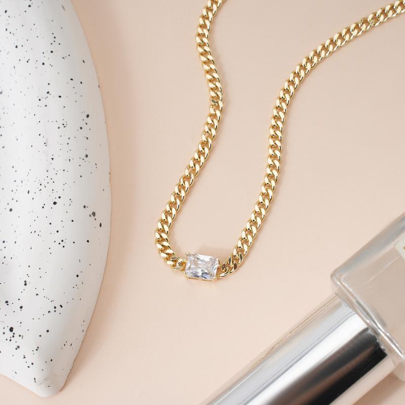 Cubic Zirconia Gold-Plated Cuban Chain Necklace - European American Fashion Statement for Women
