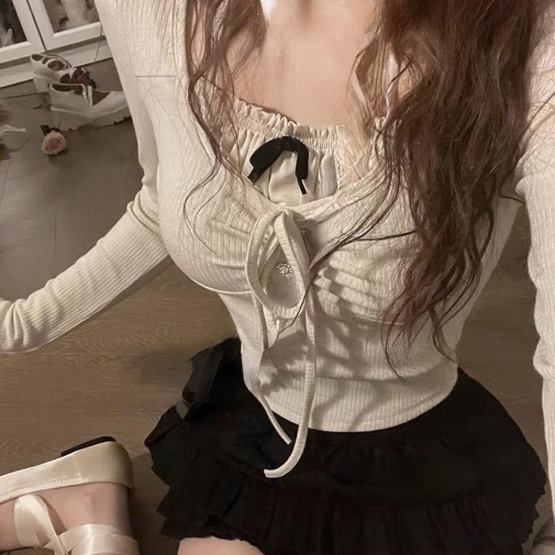 Pink Sweet Spicy Fake Two Pieces Long Sleeve T-shirt Women's Early Autumn Ballet Style Slim Fit Spicy Girl Bow Short Top