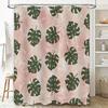 Minimalist Green Palm Leaf Bath Curtain SetWaterproof Bathroom Shower curtain featuring Monstera leaf design in pink with white