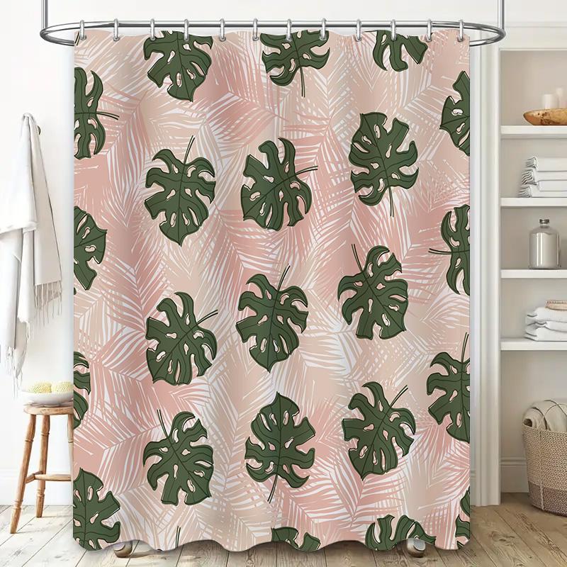 Minimalist Green Palm Leaf Bath Curtain SetWaterproof Bathroom Shower curtain featuring Monstera leaf design in pink with white