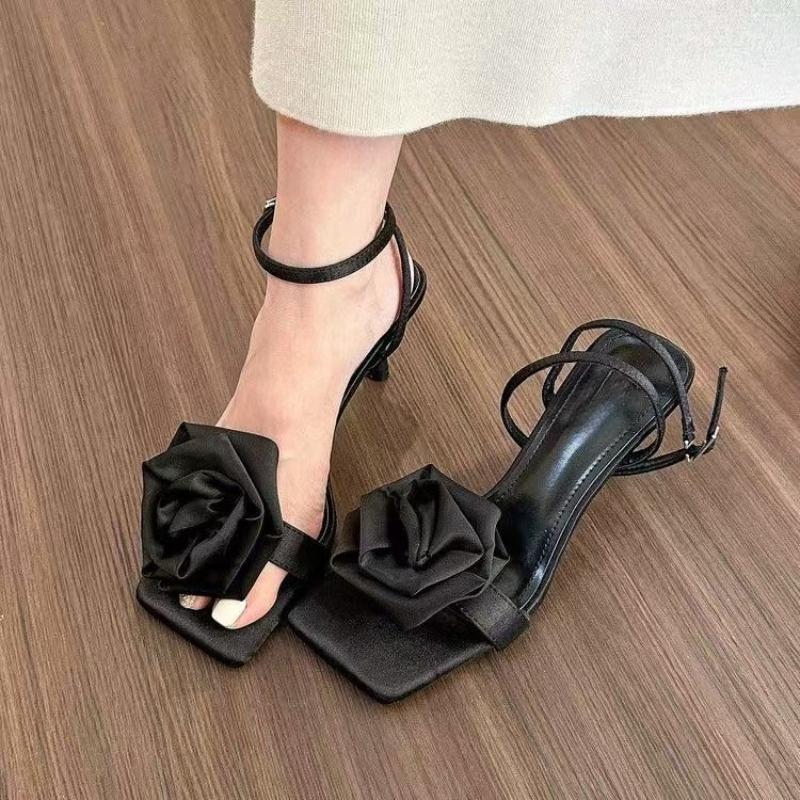 Fashion Stiletto Sandals Summer New Fashion Flowers Square Toe One Strap with Skirt Non-slip Temperament High Heels Women