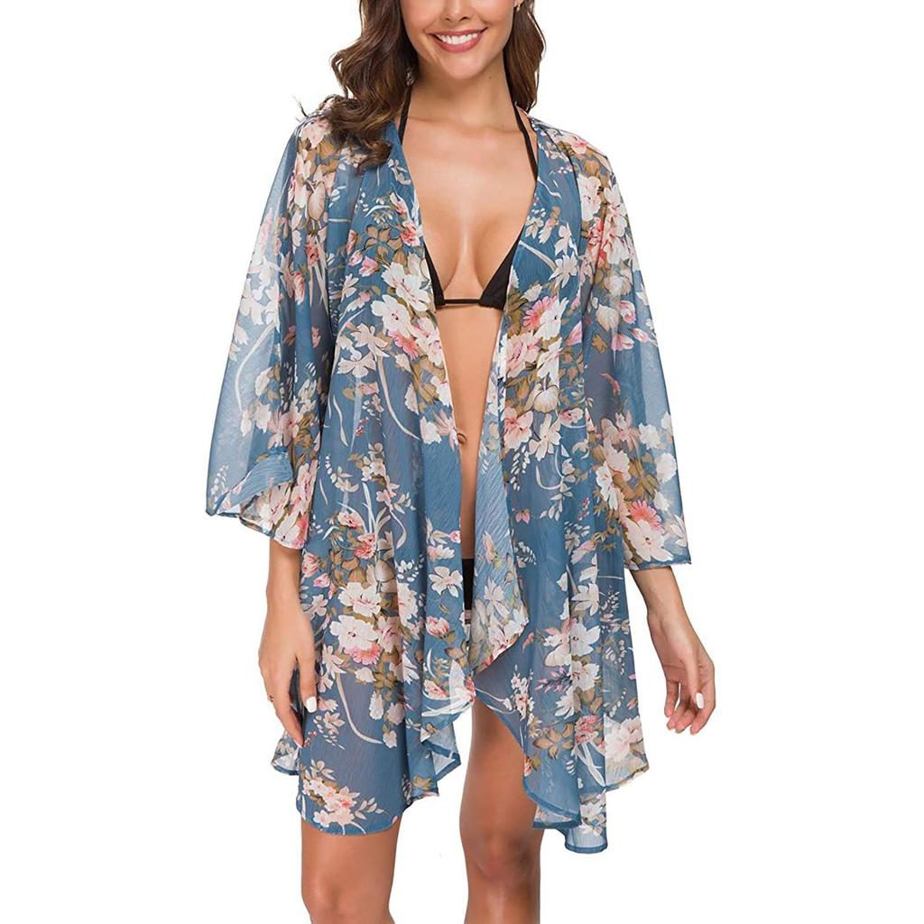 Damen Floral Print Durchsichtiges Chiffon Lockeres Kimono Cardigan Cape Sonnenschutz