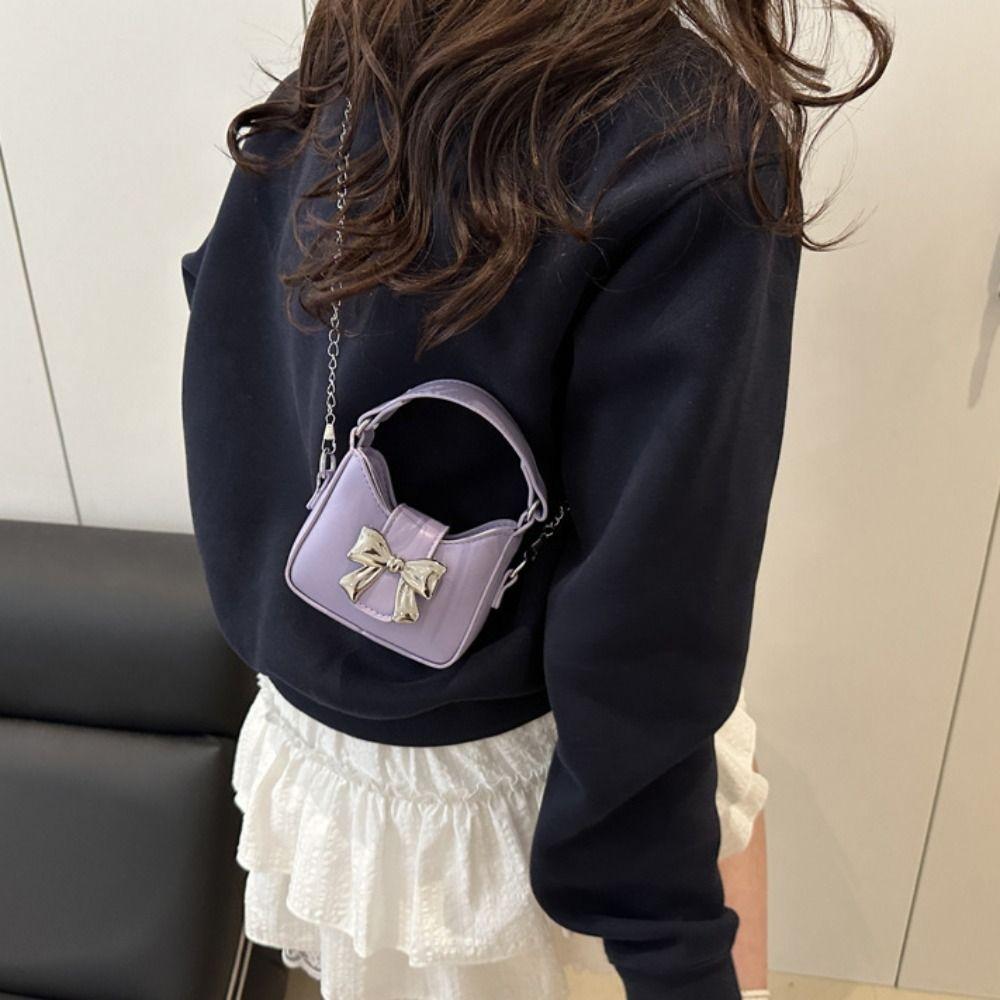 Handbag Silver Bucket Bag Pu Leather Women's Shoulder Bag Simple Bow Buckle PU Bag  Makeup Bag