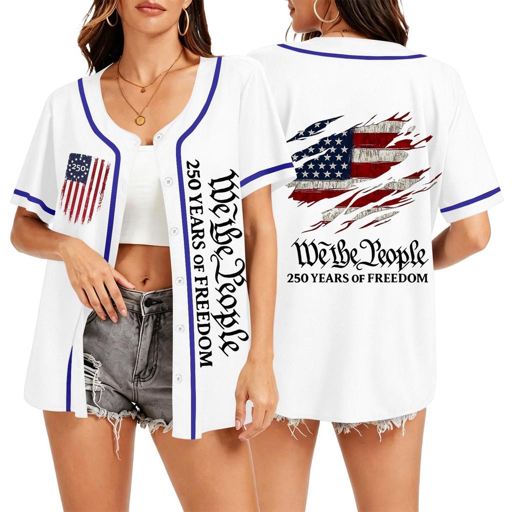 Unisex Baseball Jersey Top with Independence Day Print Button Down Short Sleeve Athletic Shirt We the 250 Years of Design