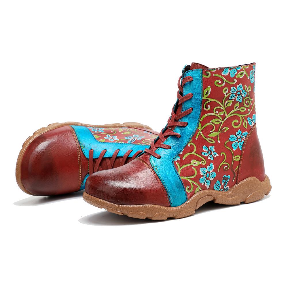 Johnature Damen-Stiefeletten im Ethno-Stil, handgefertigt, aus echtem Leder, mit Kontrastdruck, zum Schnüren, flache Schuhe, kurze Stiefel