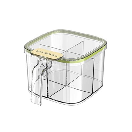 4-Fächer-Gewürzbox mit Schnappdeckel Löffel Transparenter Gewürzbehälter Stapelbarer Kunststoff Küchenorganizer für Salz Zucker Gewürze