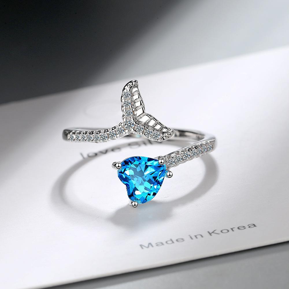 Heart Blue Diamond Ring Women's Korean Edition Fashion Ins Wind Fish Tail Diamond Sweet Open Ring 2026