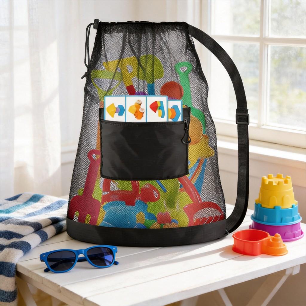Childrens Beach Toy Mesh Bag With Drawstring Storage For Sandcastle Tools And Swimming Gear