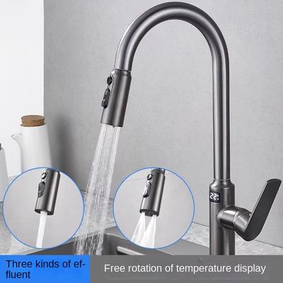 Water Plating Gun Gray Intelligent Digital Display Kitchen Faucet, Cold and Hot Vegetable Basin Sink Pull-out Multifunctional