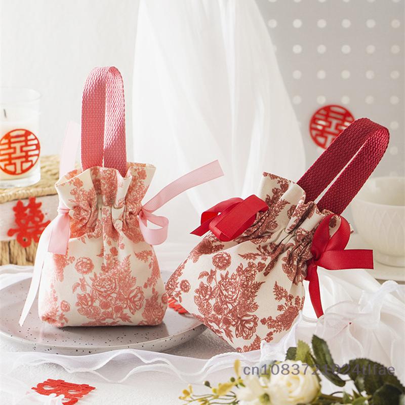 1PC Flower Printed Drawstring Candy Pouch Bag, Handle Bag Gift for Wedding Party