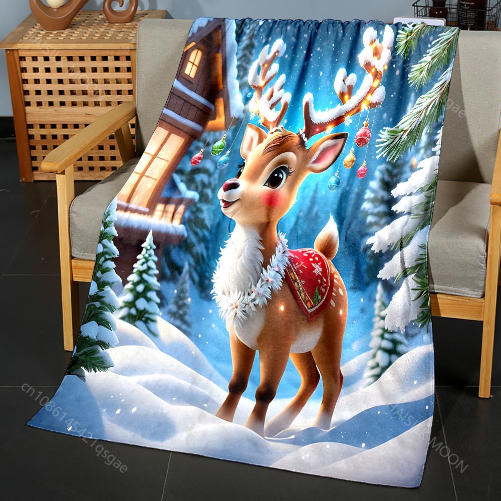 Festive Reindeer in Snowy Landscape Pattern Blanket Flannel Material Soft Warm for All Seasons Home Outdoor Camping Picnics RV