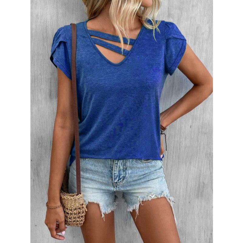 Fashion V-Neck Tops Sweet Casual Shirt Summer 2023 Petal Sleeve Blouse Female Loose Solid Shirt Women Blusas Elegant 26036