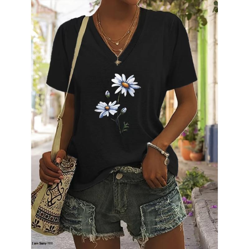 Modisches V-Ausschnitt T-Shirt mit 3D-Druck - Leichtes & Atmungsaktives Sommer-Freizeitkleidung Trendy Damen-T-Shirts