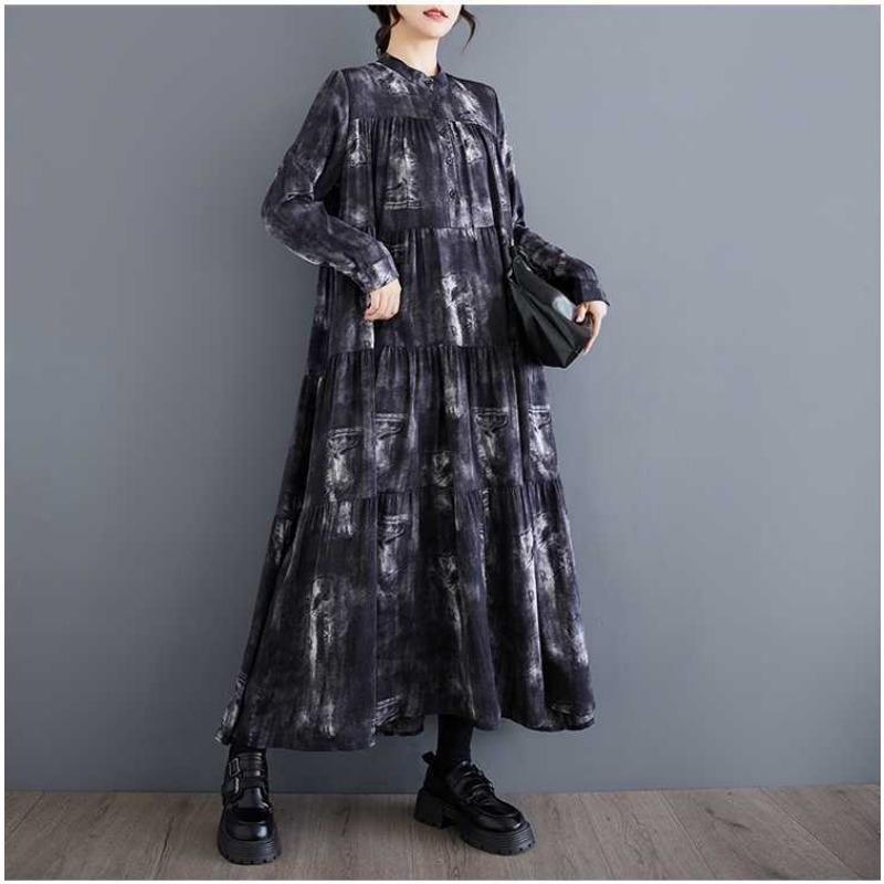 Nowe Sukienki w Dużym Rozmiarze, Luźne, Cienkie, Modne, z Długim Rękawem, Drukowane, o Długości Midi